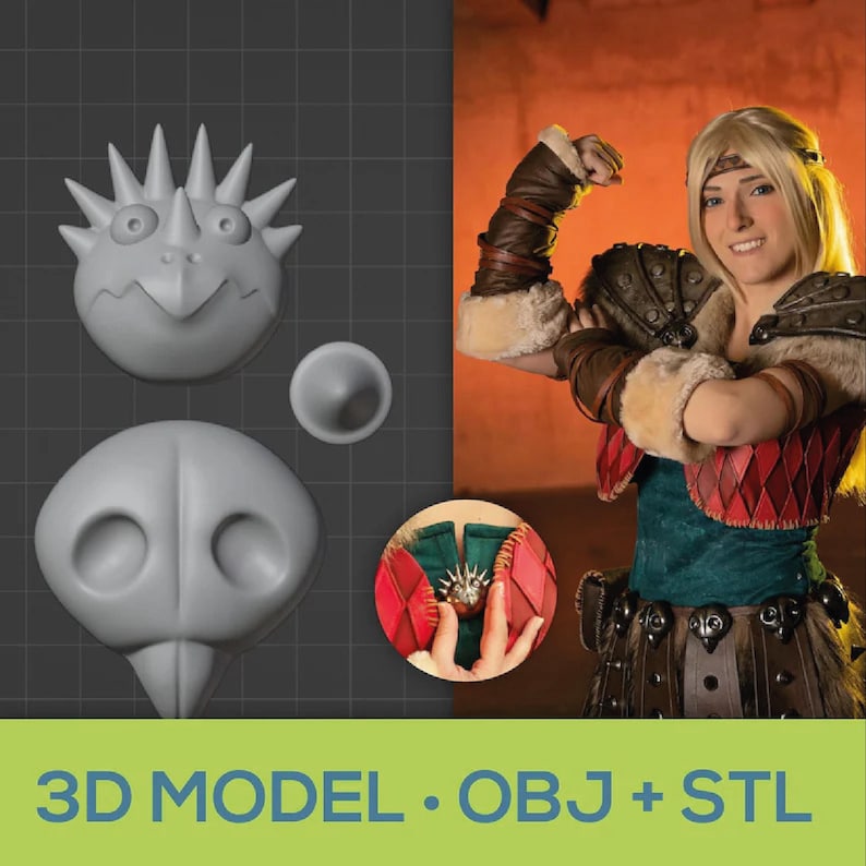 May include: A gray 3D model set featuring a dragon-like character's head, nose, and a small cone. The image also includes a person dressed in a costume with a matching dragon-themed accessory. The text at the bottom reads "3D MODEL &bull; OBJ + STL".