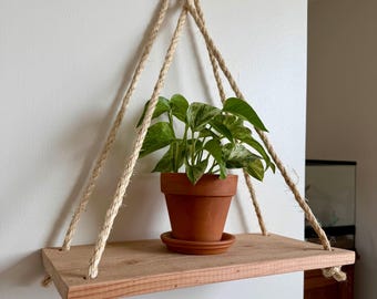 Cedar Hanging Rope Shelf: Natural Wood Rustic Plant Hanger