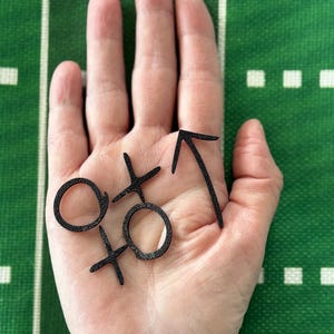 May include: Black Tic-Tac-Toe game pieces, including two Os, two Xs, and an arrow, are displayed against a green background with white lines. The pieces are held in a hand, suggesting a game in progress or a creative display.