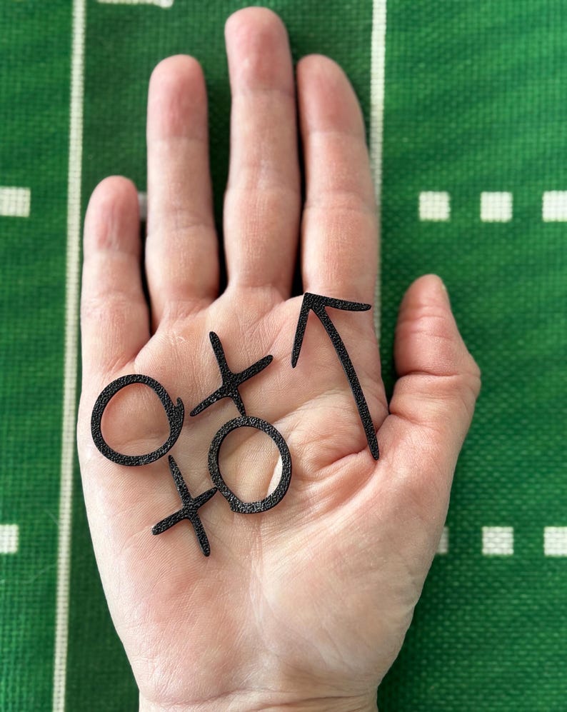 May include: Black Tic-Tac-Toe game pieces, including two Os, two Xs, and an arrow, are displayed against a green background with white lines. The pieces are held in a hand, suggesting a game in progress or a creative display.