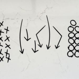 May include: A graphic illustration on a white background. The image features black symbols: a cluster of X's, curved and straight arrows, and a vertical stack of circles. The design suggests a concept of organization or process.