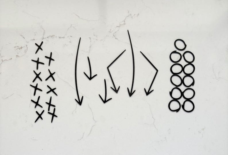 May include: A graphic illustration on a white background. The image features black symbols: a cluster of X's, curved and straight arrows, and a vertical stack of circles. The design suggests a concept of organization or process.