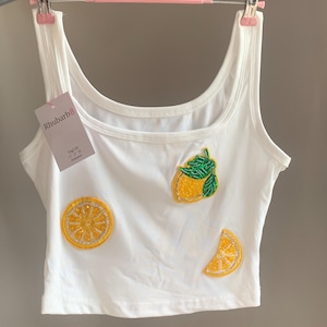 Embroidered beaded lemon cropped tank tops