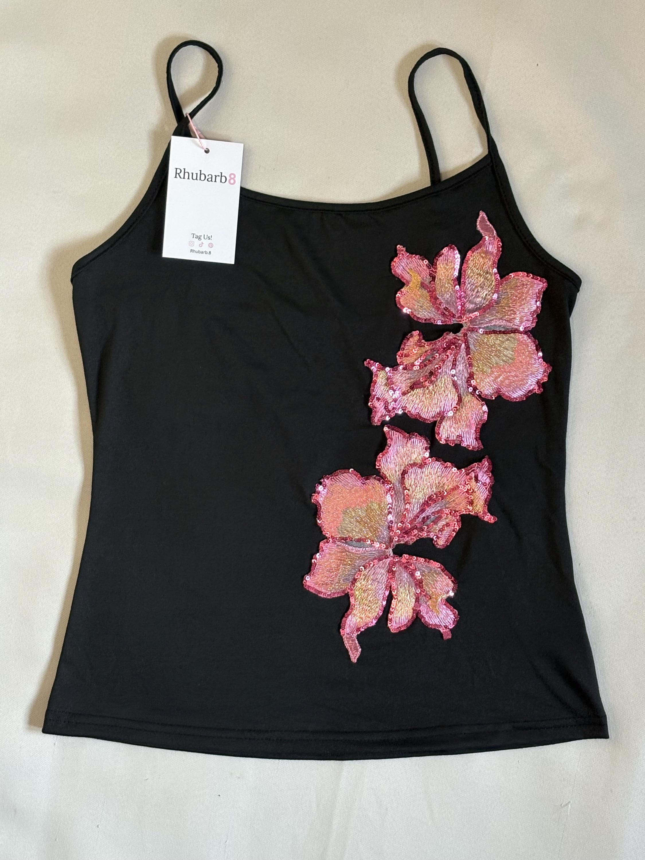 Embroidered Pink Sequin Maple Leaf Tank Top With Spaghetti Straps