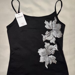 Débardeur brodé feuille d'érable à sequins et fines bretelles, argent