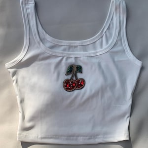 Embroidered beaded gemstone cherry cropped tank top