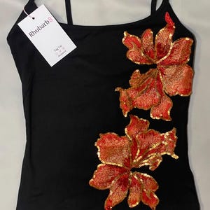 Embroidered sequin maple leaf tank top with spaghetti straps red