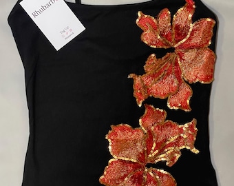 Tanktop van esdoornblad met geborduurde pailletten en spaghettibandjes rood