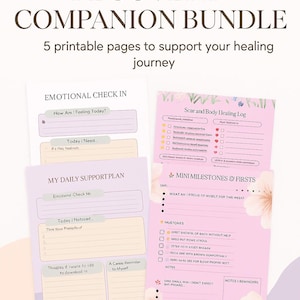 May include: A bundle of five printable pages for C-section recovery, featuring an emotional check-in, daily support plan, and scar healing log. The pages are in soft pastel colors with floral accents and include editable Canva links.