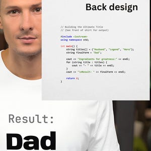 Może przedstawiać: Biała koszulka z napisem "Result: Dad" pogrubioną, czarną czcionką. Tył koszulki zawiera fragment kodu programowania ze słowami "Back design" u góry.