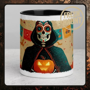 Coffee Mug Pottery Handmade Halloween, Dia de los Muertos Skeleton Mug, Spooky Cute Sugar Skull Pumpkin Cup, Mexican Fall Coffee Gift