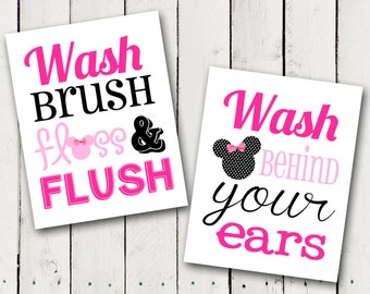 Pink Minnie Mouse Bathroom Rules Subway Art - Instant Download