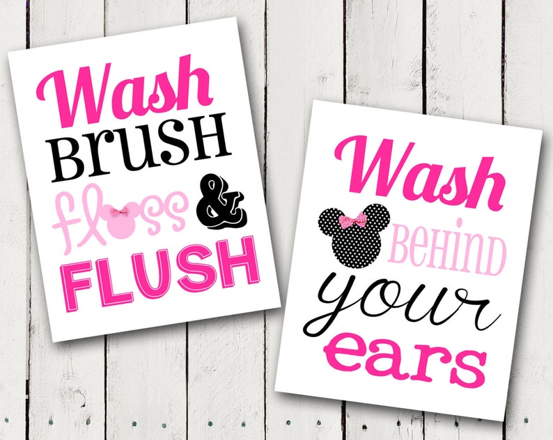 Pink Minnie Mouse Bathroom Rules Subway Art Instant Download image 1