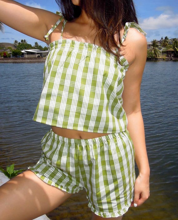 Matching Two-Piece Set | Palaka Plaid Women’s Tie Tank and Ruffle Shorts | Handmade