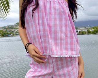 Matching Two-Piece Set | Strapless Lace Trim Palaka Top and Lace Trim Shorts | Handmade