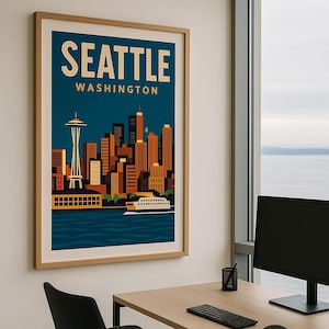 May include: A framed art print featuring a stylized illustration of the Seattle skyline. The print includes the Space Needle, buildings, and a ferry, with the text "SEATTLE WASHINGTON" in a vintage style. The artwork is in a wooden frame.