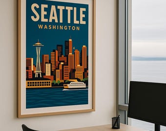 May include: A framed art print featuring a stylized illustration of the Seattle skyline. The print includes the Space Needle, buildings, and a ferry, with the text "SEATTLE WASHINGTON" in a vintage style. The artwork is in a wooden frame.