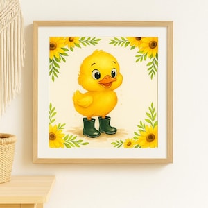 Cartoon Chicken in Wellies Print – Farm Animal Nursery Art – Cute Yellow Chick Wall Decor – Digital Download for Kids Room or Greeting Card