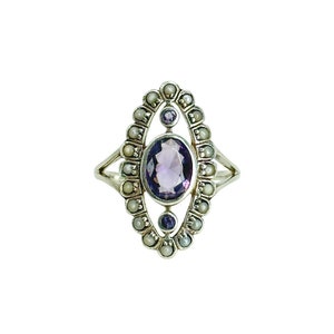 Navette Amethyst Antique Seed Pearl Halo Style Split Shank Ring- Sterling Silver Sz 6.75