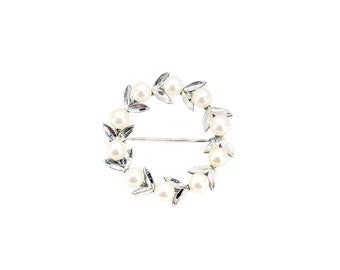 Botanical Wreath Leaf Japanese Saltwater Akoya Vintage Pearl Brooch Pin- Sterling Silver