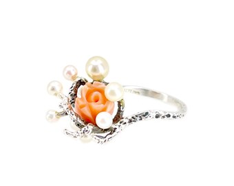 Abstract Salmon Coral Cluster Japanese Saltwater Akoya Cultured Pearl Ring- Sterling Silver Sz 7 1/4