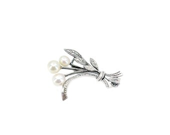 Engraved Spray Branch Japanese Akoya Cultured Saltwater Pearl Brooch- Sterling Silver