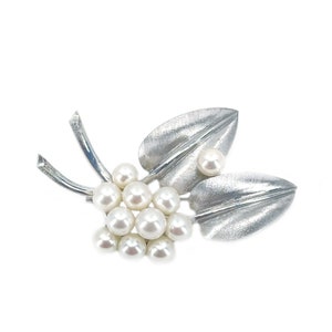 Cluster Brushed Leaves Japanese Saltwater Akoya Cultured Pearl Brooch- Sterling Silver