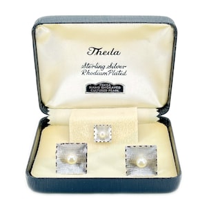 Theda Designer Japanese Cultured Akoya Pearl Square Mid Century Cufflinks Tie Tac- Sterling Silver