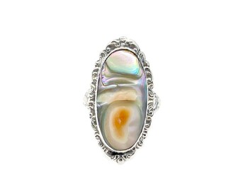 Art Nouveau Navette Abalone Blister Pearl Vintage Engraved Ring- Sterling Silver Sz 5.50