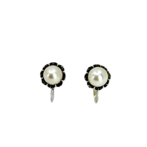 Gothic Buttercup Akoya Saltwater Cultured Pearl Vintage Screwback Stud Earrings- Sterling Silver