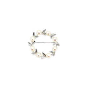Circle Wreath Leaf Japanese Saltwater Akoya Vintage Pearl Brooch Pin- Sterling Silver