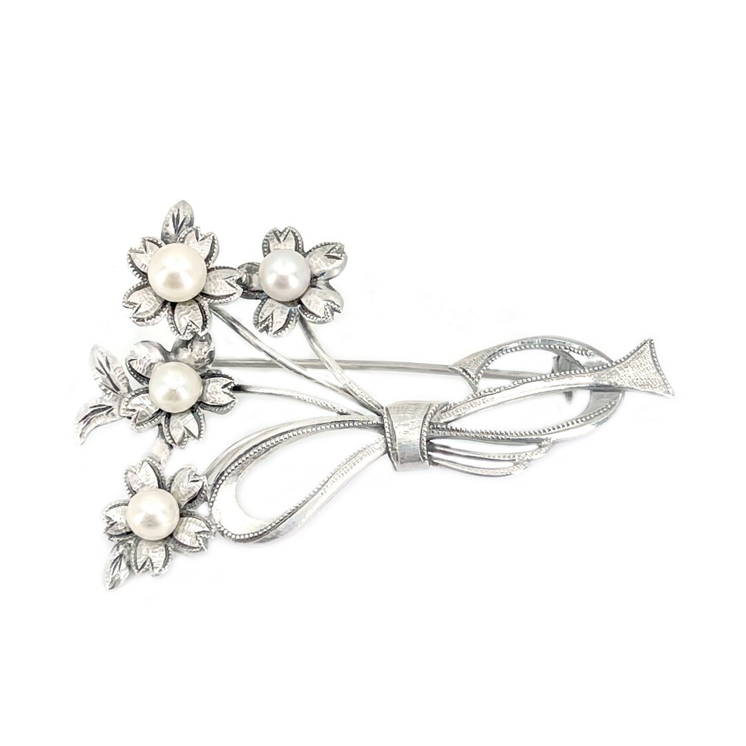 Sakura Cherry Blossom Antique Japanese Akoya Cultured Saltwater Pearl Brooch Sterling Silver Etsy