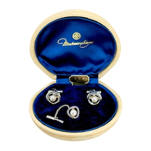 Matsuzukaya Designer Japanese Cultured Akoya Pearl Mid Century Cufflinks Tie Tac Set- Sterling Silver