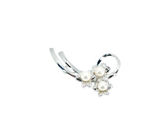 Engraved Clover Japanese Saltwater Akoya Cultured Pearl Vintage Brooch- Sterling Silver