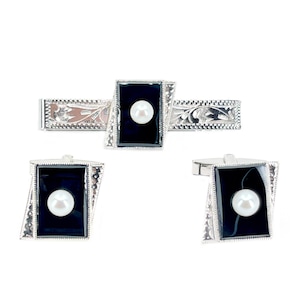 Engraved Mid Century Modern Japanese Akoya Saltwater Cultured Pearl Black Onyx Cufflinks & Tie Bar Set- Sterling Silver