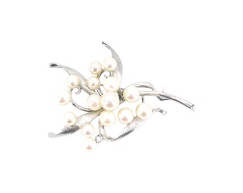 Floral Modernist Japanese Saltwater Akoya Vintage Cultured Pearl Brooch- Sterling Silver