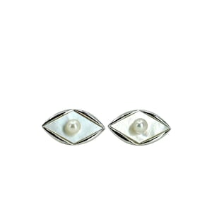 Marquise Mother of Pearl Japanese Saltwater Akoya Cultured Pearl Vintage Navette Cufflinks- Sterling Silver
