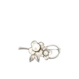 Boho Hippie Antique Engraved Flower Japanese Akoya Cultured Saltwater Pearl Brooch- Sterling Silver