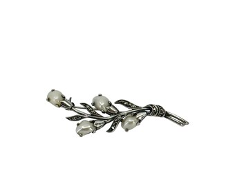 Antique Arts & Crafts Freshwater River Pearl Black Marcasite Branch Brooch- Sterling Silver