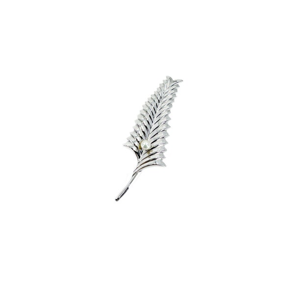 De Curtis Designer Vintage Japanese Saltwater Cultured Akoya Pearl Palm Leaf Brooch- Sterling Silver