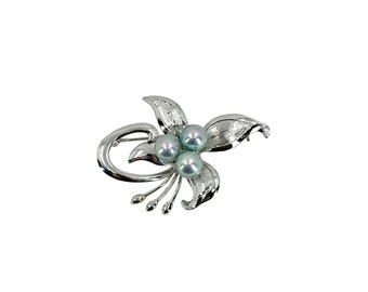 Broche MCM vintage de perlas cultivadas de Akoya de agua salada japonesa azul brillante- Plata de ley
