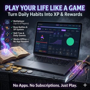 Pode incluir: Um portátil exibindo uma interface de rastreamento de hábitos gamificada com o texto PLAY YOUR LIFE LIKE A GAME, Turn Daily Habits Into XP & Rewards, e No Apps. No Subscriptions. Just Play. Inclui um livro de fantasia, moedas e uma espada.