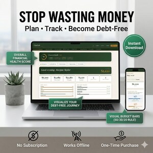 May include: A laptop and smartphone display a financial dashboard with the text "STOP WASTING MONEY." The screen shows budget details, with callouts for "Overall Financial Health Score" and "Visualize Your Debt-Free Journey." Additional text includes "No Subscription," "Works Offline," and "One-Time Purchase."