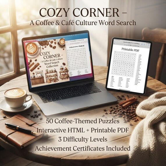 Coffee Word Search Puzzle Book 50 Puzzles Printable PDF + Interactive HTML Game 3 Difficulty Levels Cafe Lover Gift Digital Download