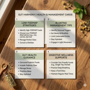 May include: Four informational cards with health tips on a wooden surface. The cards cover topics like low-FODMAP strategies, bloating management, gut health guidance, and digestive wellness. Text includes bullet points with actionable advice for gut harmony.