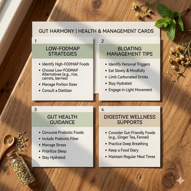 May include: Four informational cards with health tips on a wooden surface. The cards cover topics like low-FODMAP strategies, bloating management, gut health guidance, and digestive wellness. Text includes bullet points with actionable advice for gut harmony.