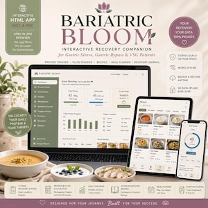 Könnte beinhalten: Bariatric Bloom interaktive Genesungsbegleiter-Software auf einem Laptop, Tablet und Smartphone. Die Benutzeroberfläche bietet ein Dashboard mit Protein- und Flüssigkeitstrackern, eine Rezeptbibliothek und Tools zur Mahlzeitenplanung für Patienten.