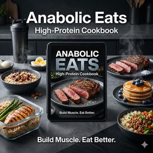 Puede incluir: Una tableta digital muestra la portada del "Anabolic Eats High-Protein Cookbook". La imagen muestra varias comidas ricas en proteínas, incluyendo bistec, panqueques y pollo con arroz. El texto "Build Muscle. Eat Better." también es visible.