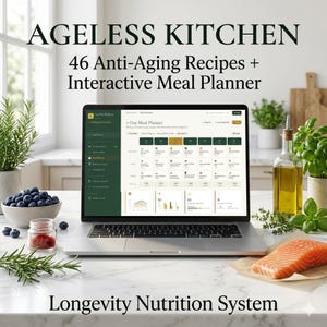 May include: A laptop showing a meal planner, with text reading "AGELESS KITCHEN" and "46 Anti-Aging Recipes + Interactive Meal Planner." The image features blueberries, spices, a salmon fillet, and a bottle of oil.