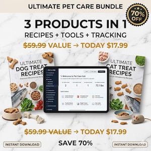 Ultimat husdjursvårdspaket | Pet Care Hub + 300 recept på hund- och kattgodis | Digital nedladdning | Present till husdjursmamma | Veterinärspårning Hemgjorda godsaker bild 1